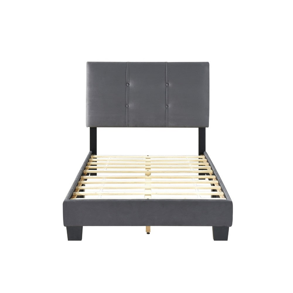 Viki Twin Bed, Height-Adjustable Headboard, Tufted Gray Velvet, Black - BM351399