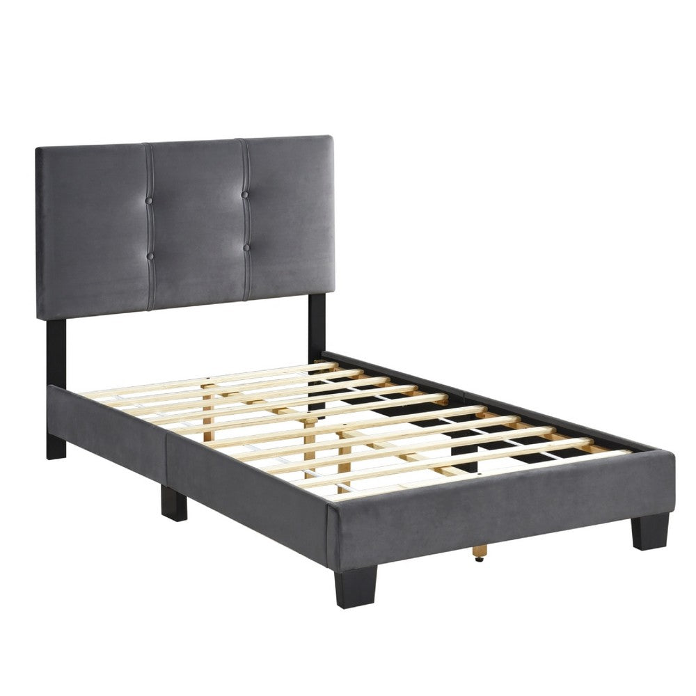Viki Twin Bed, Height-Adjustable Headboard, Tufted Gray Velvet, Black - BM351399