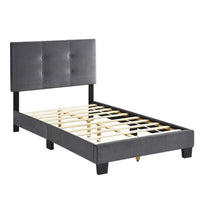 Viki Twin Bed, Height-Adjustable Headboard, Tufted Gray Velvet, Black - BM351399