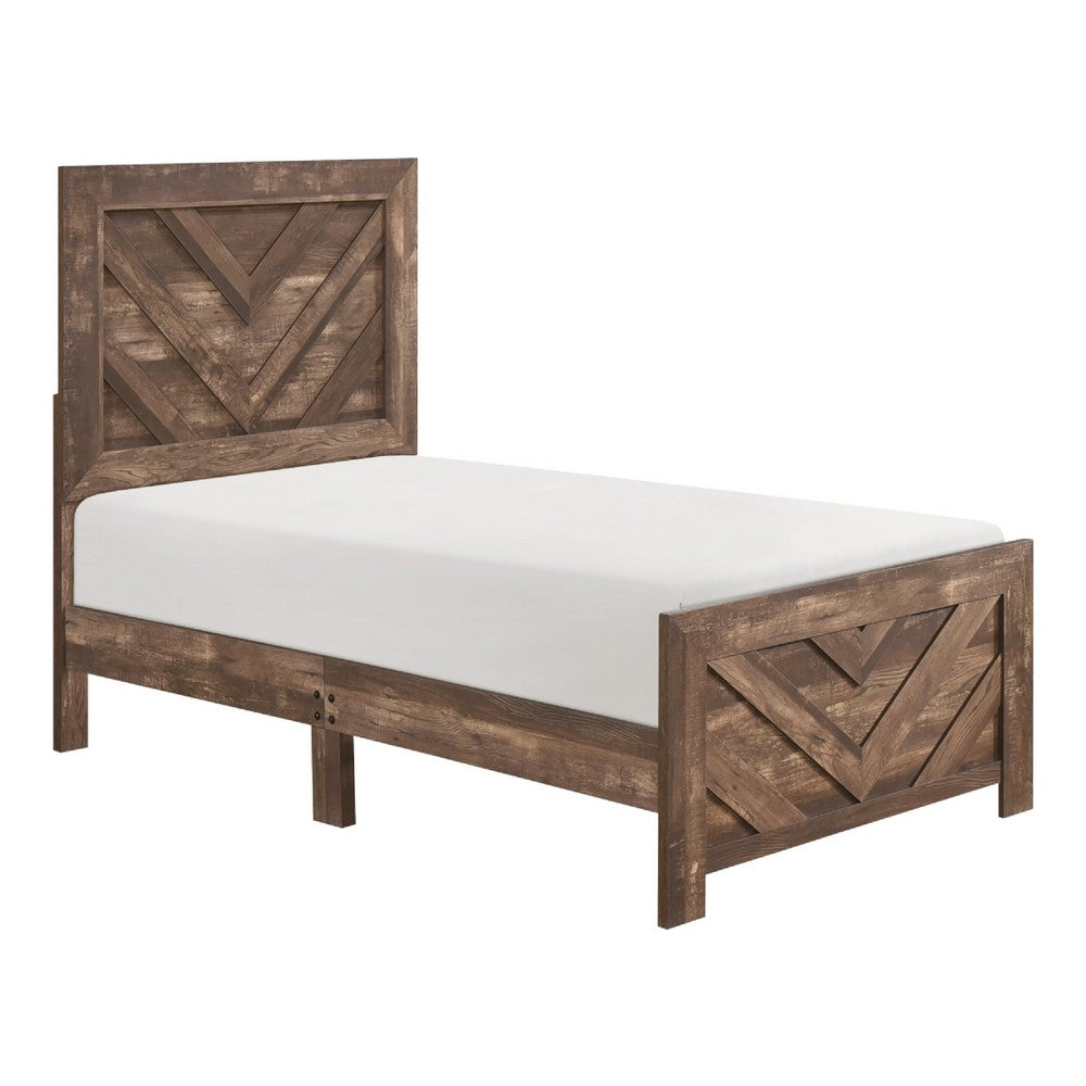 Eby Twin Panel Bed, Chevron Design, Aesthetic 3D Texture, Rustic Brown - BM351406