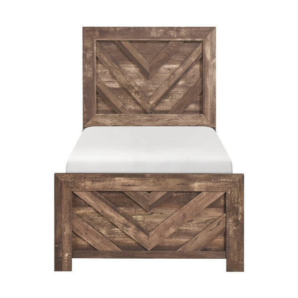 Eby Twin Panel Bed, Chevron Design, Aesthetic 3D Texture, Rustic Brown - BM351406