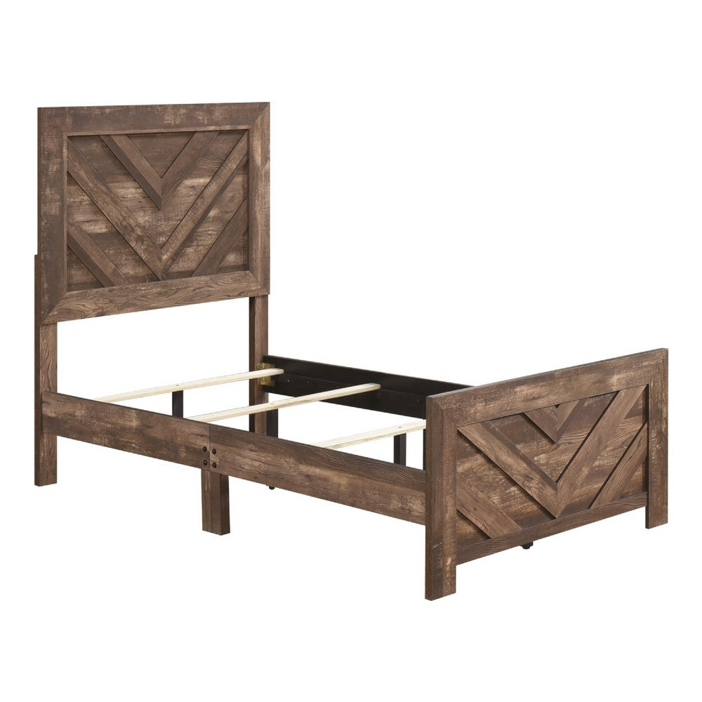 Eby Twin Panel Bed, Chevron Design, Aesthetic 3D Texture, Rustic Brown - BM351406