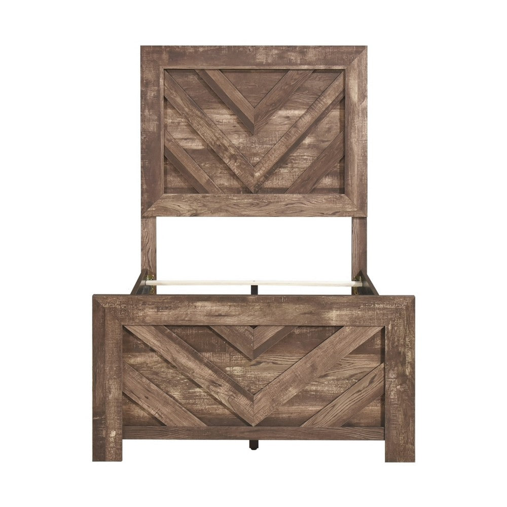 Eby Twin Panel Bed, Chevron Design, Aesthetic 3D Texture, Rustic Brown - BM351406