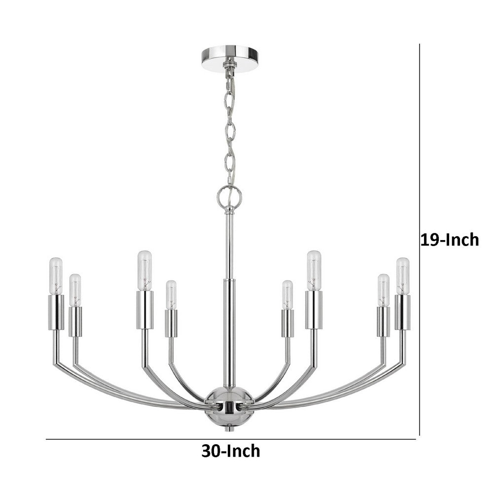 Kera 8 Light Candelabra Chandelier, 30 Inch Wide Arm Modern Chrome Metal - BM351638