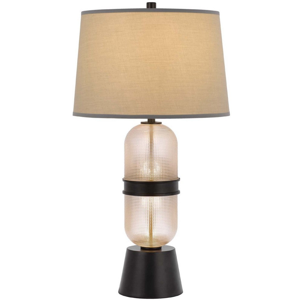 Table Lamp with LED Light, Gray Drum Shade, Frosted Glass Base, 29 Inch - BM351639