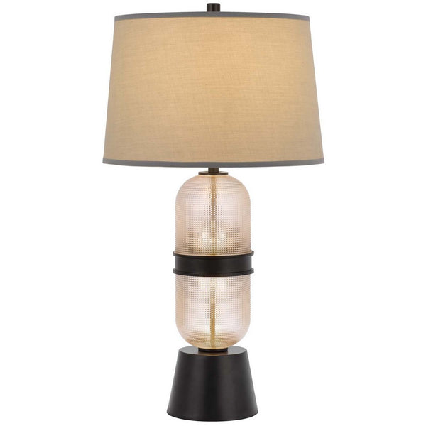 Table Lamp with LED Light, Gray Drum Shade, Frosted Glass Base, 29 Inch - BM351639