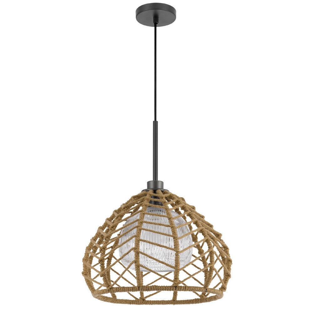 Ceiling Pendant Light, Braided Burlap Dome Shade, 21 Inch Black Metal - BM351642