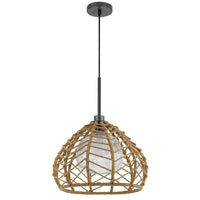 Ceiling Pendant Light, Braided Burlap Dome Shade, 21 Inch Black Metal - BM351642