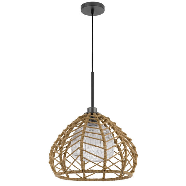 Ceiling Pendant Light, Braided Burlap Dome Shade, 21 Inch Black Metal - BM351642