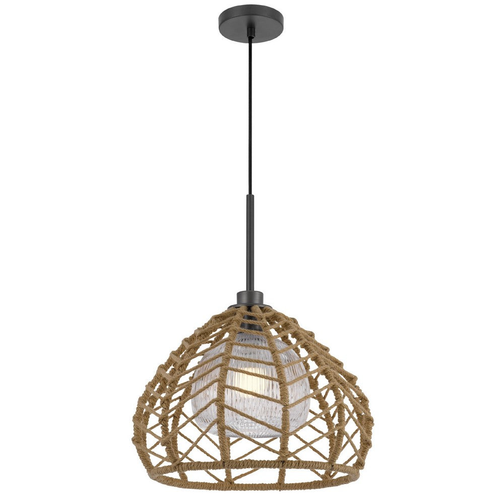 Ceiling Pendant Light, Braided Burlap Dome Shade, 21 Inch Black Metal - BM351642