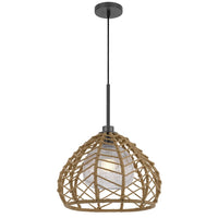 Ceiling Pendant Light, Braided Burlap Dome Shade, 21 Inch Black Metal - BM351642