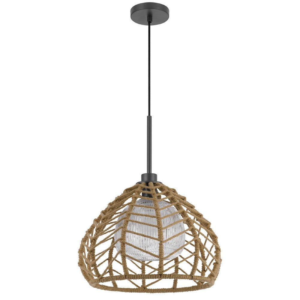 Ceiling Pendant Light, Braided Burlap Dome Shade, 21 Inch Black Metal - BM351642