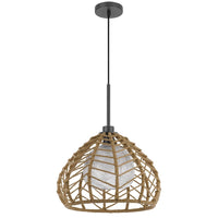 Ceiling Pendant Light, Braided Burlap Dome Shade, 21 Inch Black Metal - BM351642