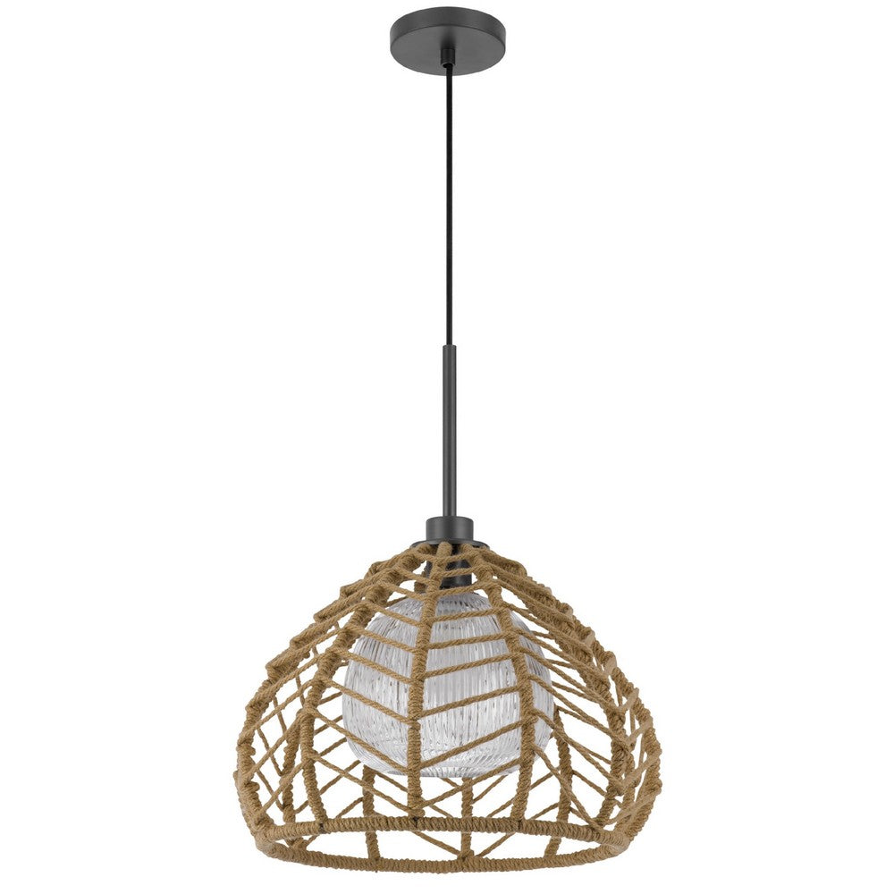 Ceiling Pendant Light, Braided Burlap Dome Shade, 21 Inch Black Metal - BM351642