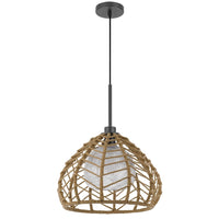 Ceiling Pendant Light, Braided Burlap Dome Shade, 21 Inch Black Metal - BM351642