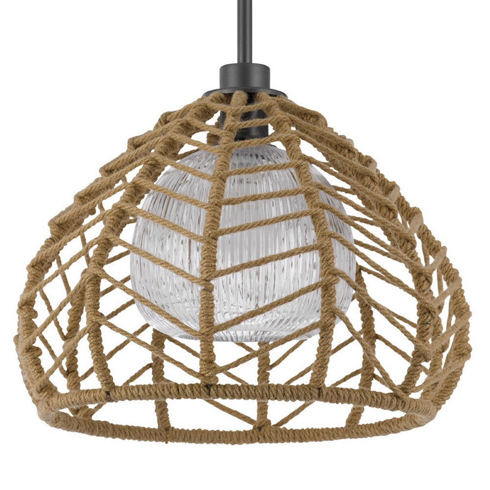 Ceiling Pendant Light, Braided Burlap Dome Shade, 21 Inch Black Metal - BM351642