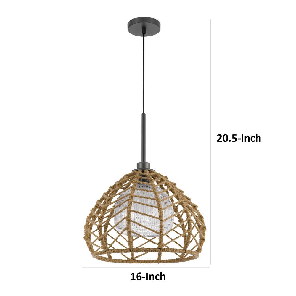 Ceiling Pendant Light, Braided Burlap Dome Shade, 21 Inch Black Metal - BM351642