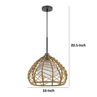 Ceiling Pendant Light, Braided Burlap Dome Shade, 21 Inch Black Metal - BM351642