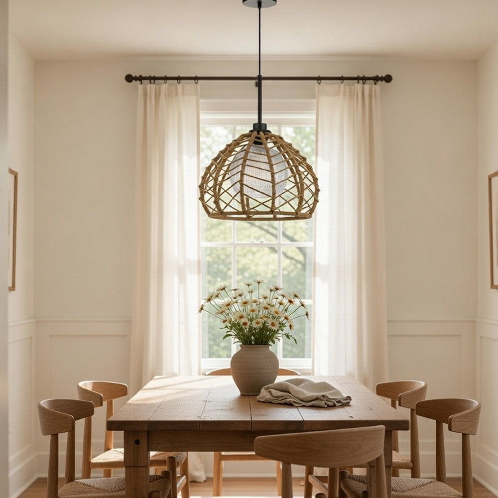 Ceiling Pendant Light, Braided Burlap Dome Shade, 21 Inch Black Metal - BM351642