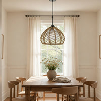 Ceiling Pendant Light, Braided Burlap Dome Shade, 21 Inch Black Metal - BM351642
