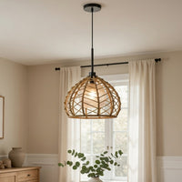 Ceiling Pendant Light, Braided Burlap Dome Shade, 21 Inch Black Metal - BM351642