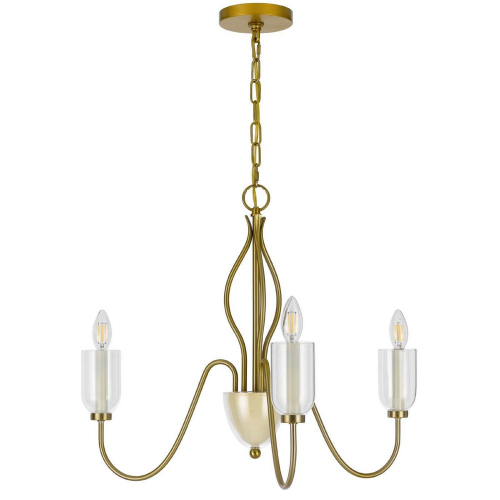 3 Light Candelabra Chandelier with Glass Shades, 25 Inch Antique Brass - BM351646