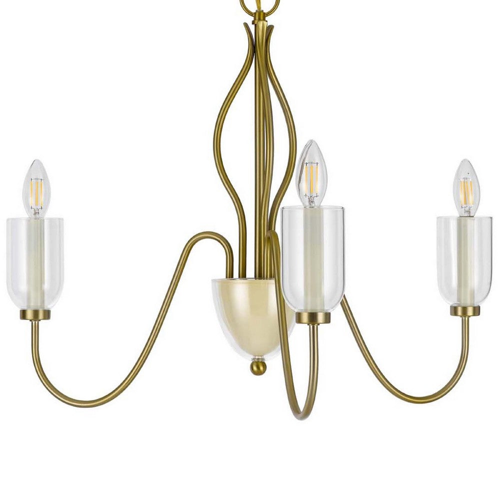 3 Light Candelabra Chandelier with Glass Shades, 25 Inch Antique Brass - BM351646