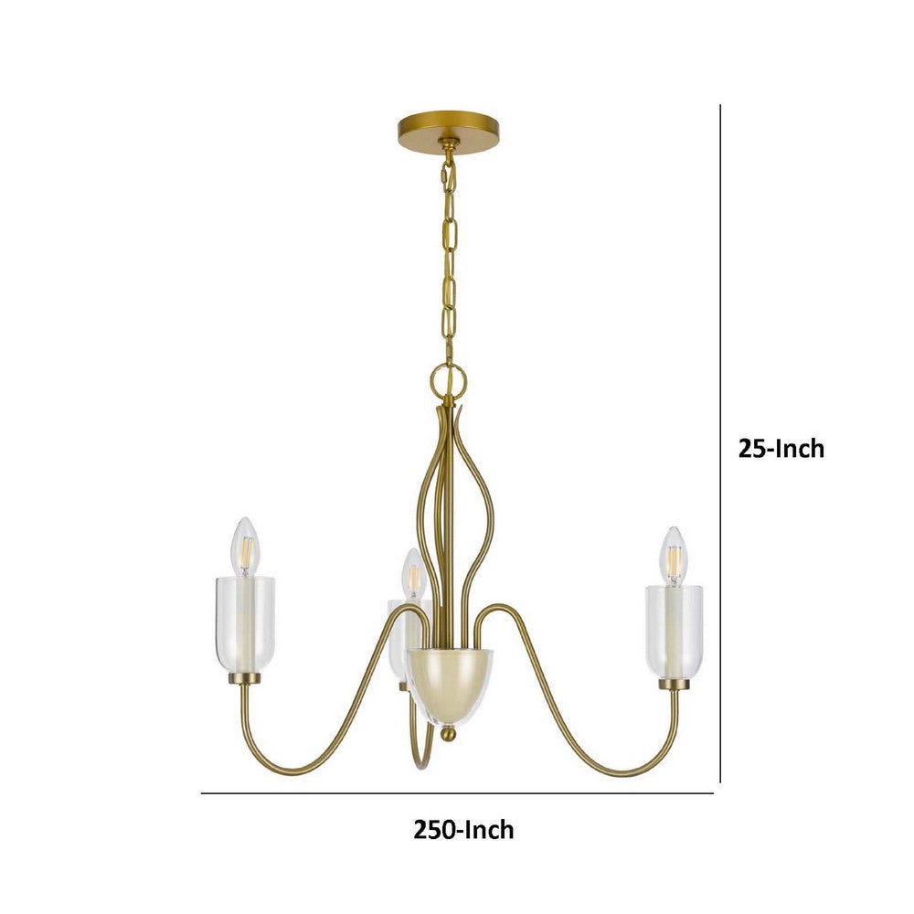 3 Light Candelabra Chandelier with Glass Shades, 25 Inch Antique Brass - BM351646