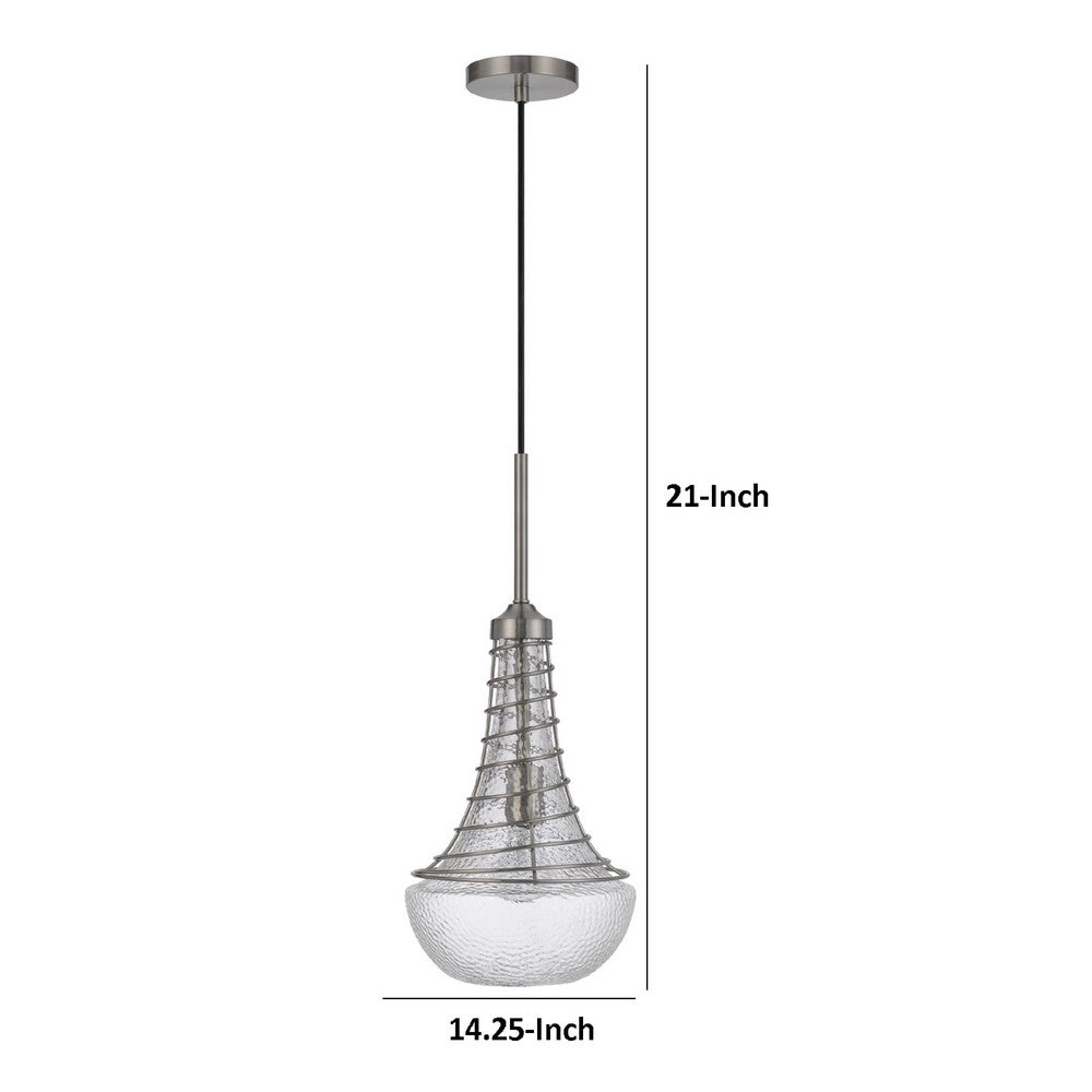 Ceiling Pendant Light, Brushed Steel Corkscrew Accent, 21 Inch Glass - BM351648