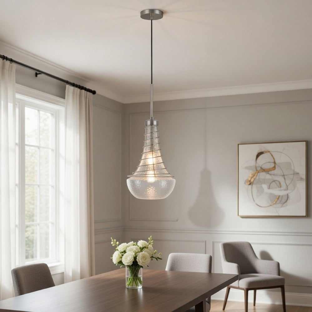 Ceiling Pendant Light, Brushed Steel Corkscrew Accent, 21 Inch Glass - BM351648