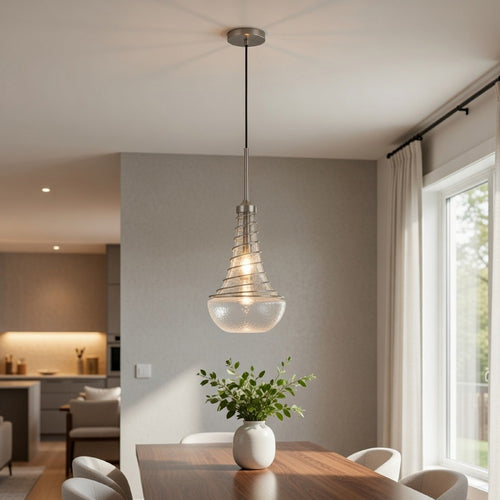 Ceiling Pendant Light, Brushed Steel Corkscrew Accent, 21 Inch Glass - BM351648