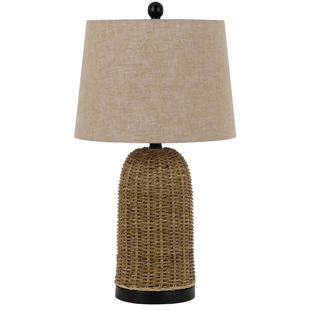 Table Lamp, Brown Drum Shade and Corn Leaf Wicker Woven Base, 24 Inch - BM351649