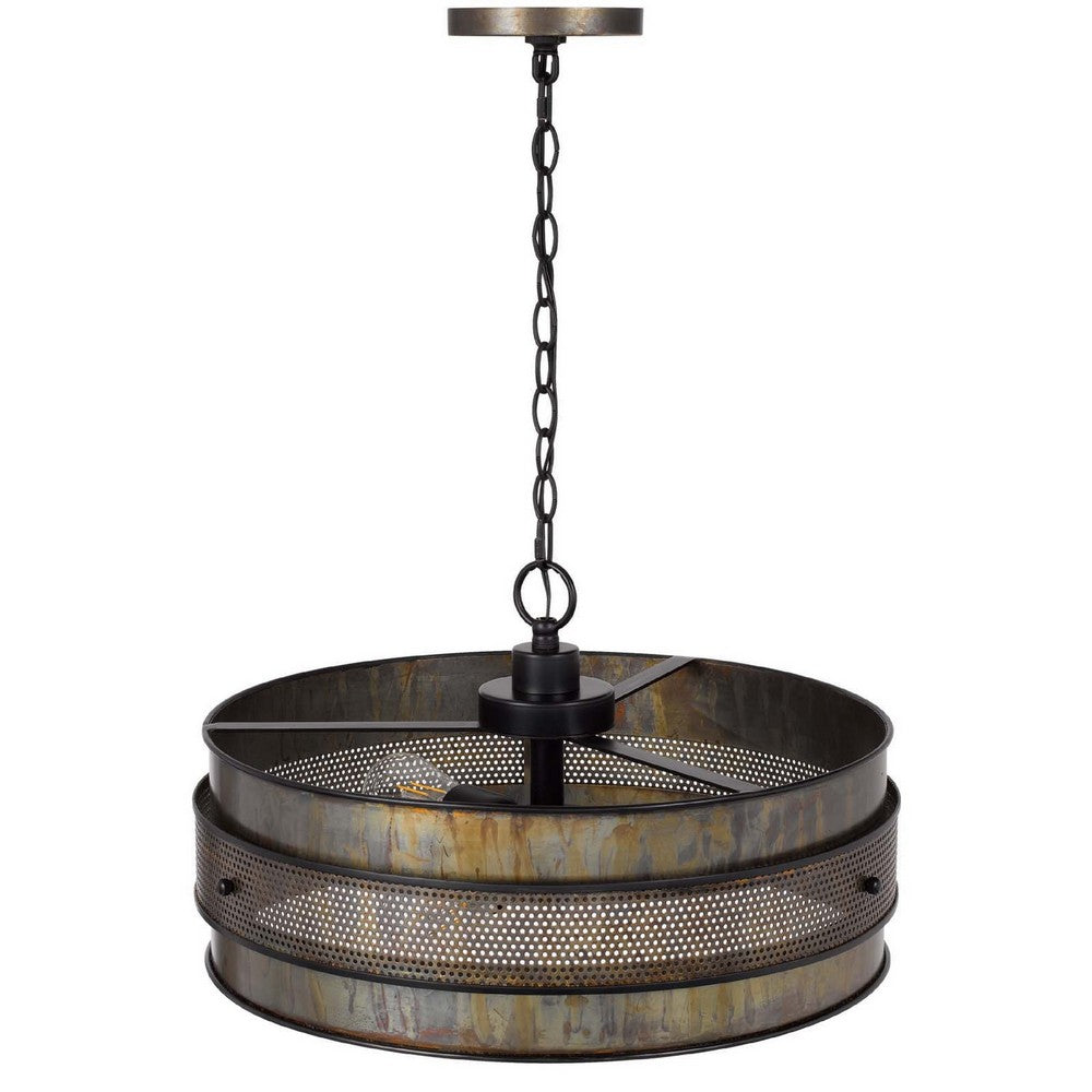 3 Light Chandelier, Industrial Drum Design, Aged Bronze Patina, 20 Inch - BM351653