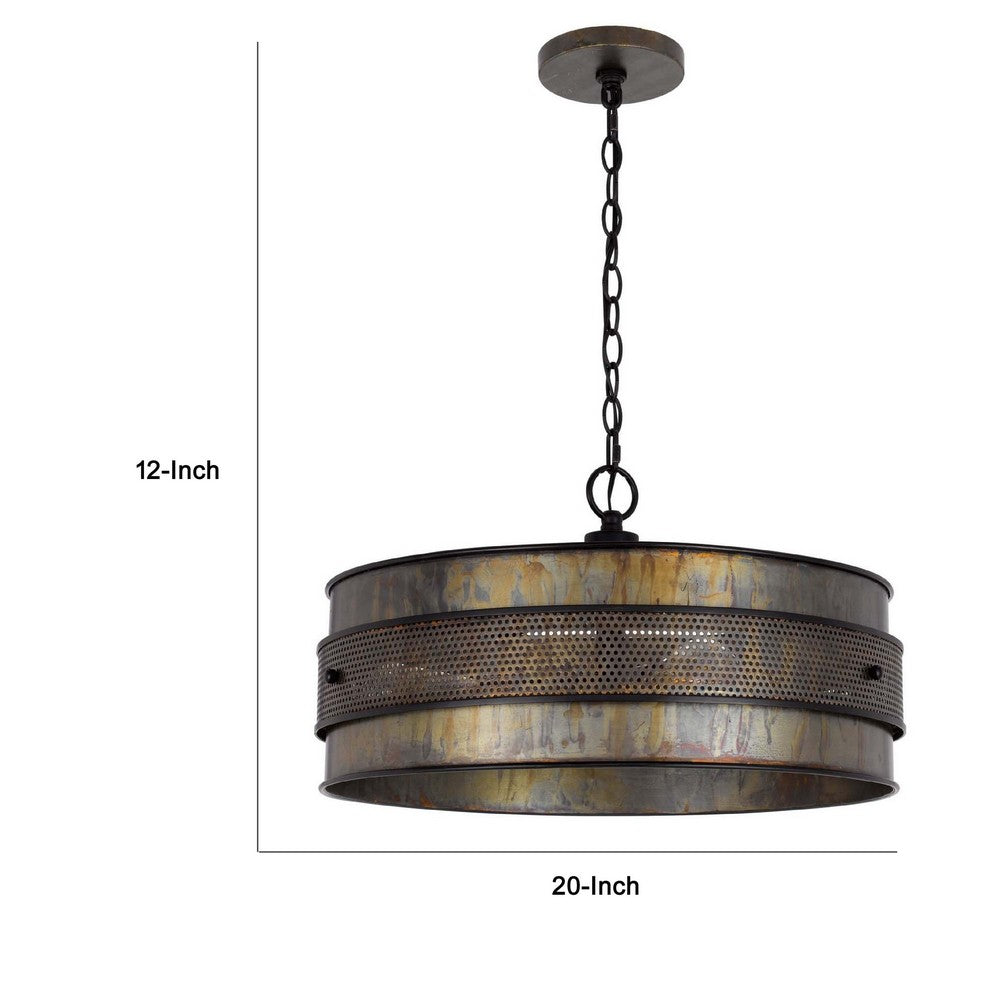 3 Light Chandelier, Industrial Drum Design, Aged Bronze Patina, 20 Inch - BM351653