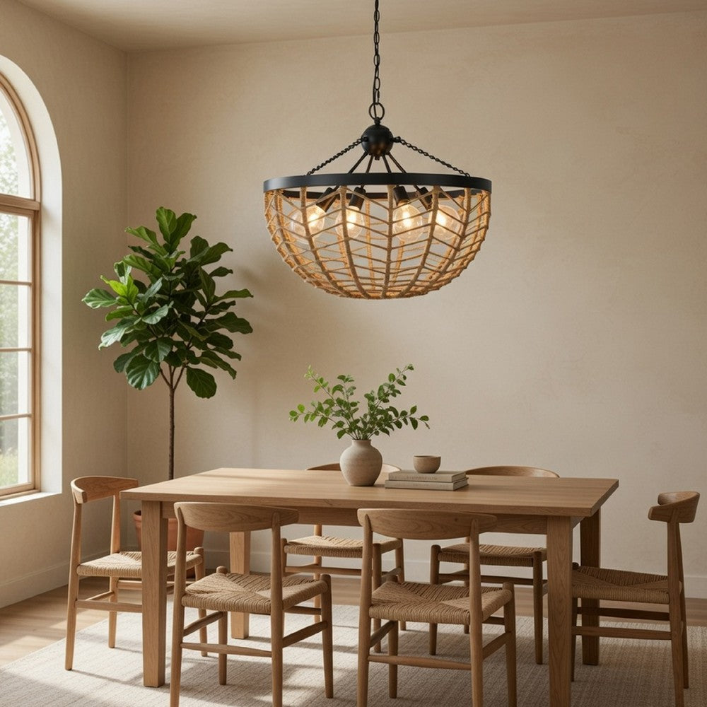 4-Light Dome Style Pendant Chandelier, Burlap, 25 Inch Black - BM351654