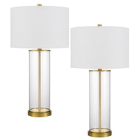 Table Lamp Set of 2, Off White Shade, Round Glass Base, Brass Accents - BM351657
