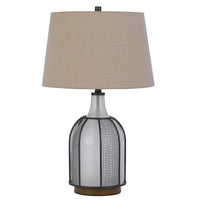 Table Lamp, Oatmeal Linen Shade, Frosted White Glass with Black Mesh - BM351658