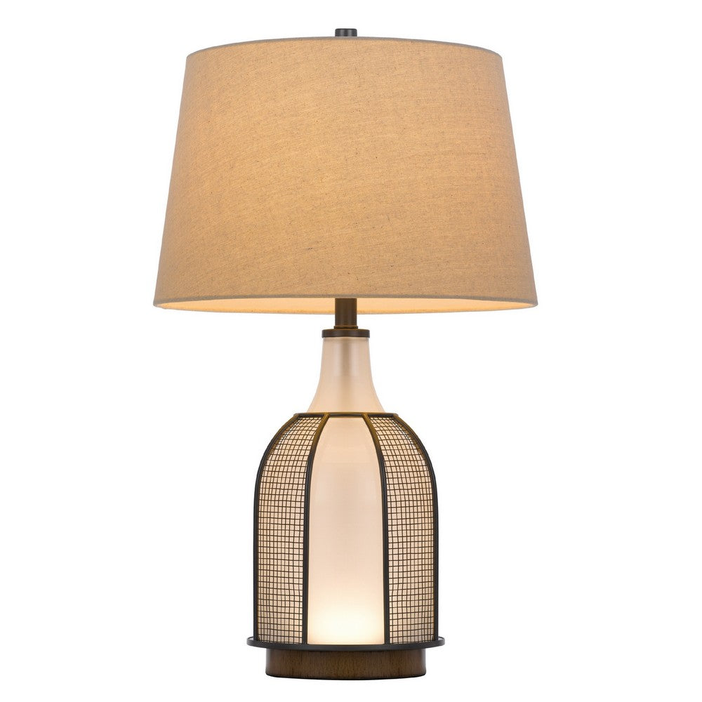 Table Lamp, Oatmeal Linen Shade, Frosted White Glass with Black Mesh - BM351658