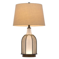 Table Lamp, Oatmeal Linen Shade, Frosted White Glass with Black Mesh - BM351658