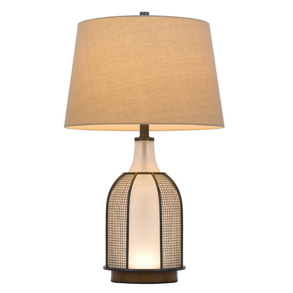 Table Lamp, Oatmeal Linen Shade, Frosted White Glass with Black Mesh - BM351658