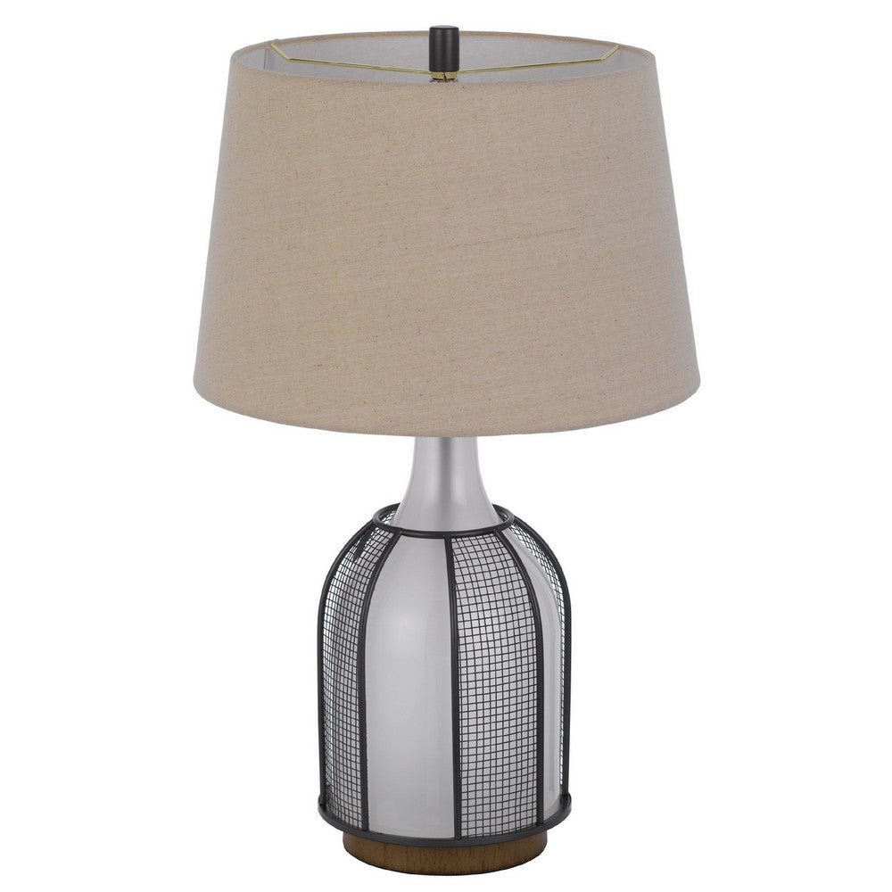 Table Lamp, Oatmeal Linen Shade, Frosted White Glass with Black Mesh - BM351658