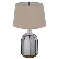 Table Lamp, Oatmeal Linen Shade, Frosted White Glass with Black Mesh - BM351658