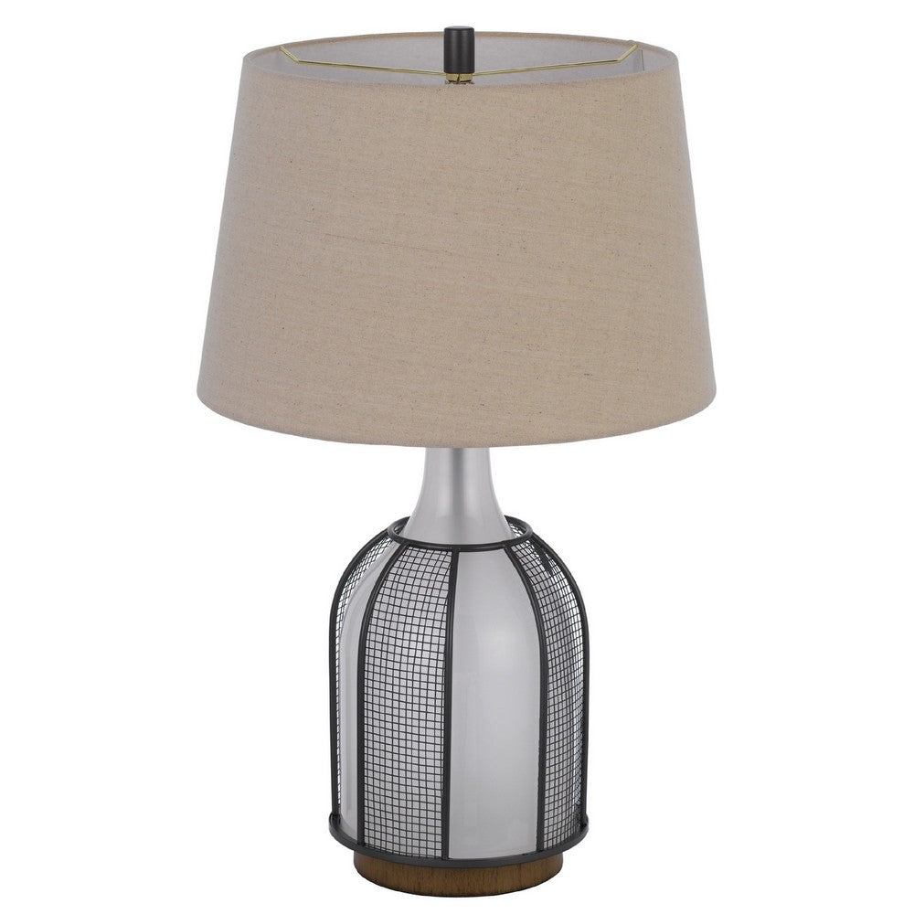 Table Lamp, Oatmeal Linen Shade, Frosted White Glass with Black Mesh - BM351658