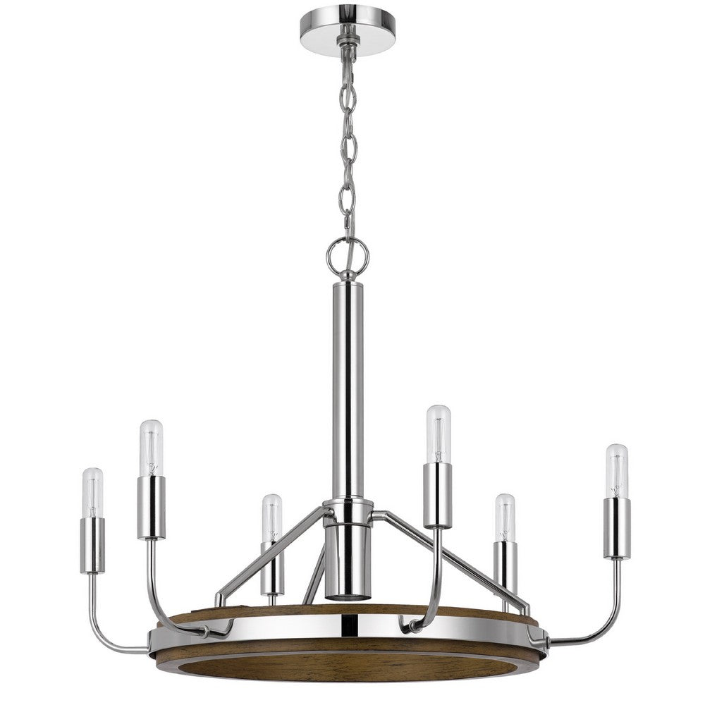 6-Light Candelabra Chandelier with LED, Chrome and Oak Wood, 26 Inch - BM351659
