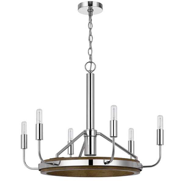 6-Light Candelabra Chandelier with LED, Chrome and Oak Wood, 26 Inch - BM351659