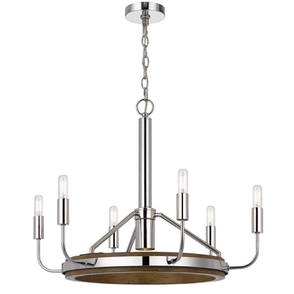 6-Light Candelabra Chandelier with LED, Chrome and Oak Wood, 26 Inch - BM351659