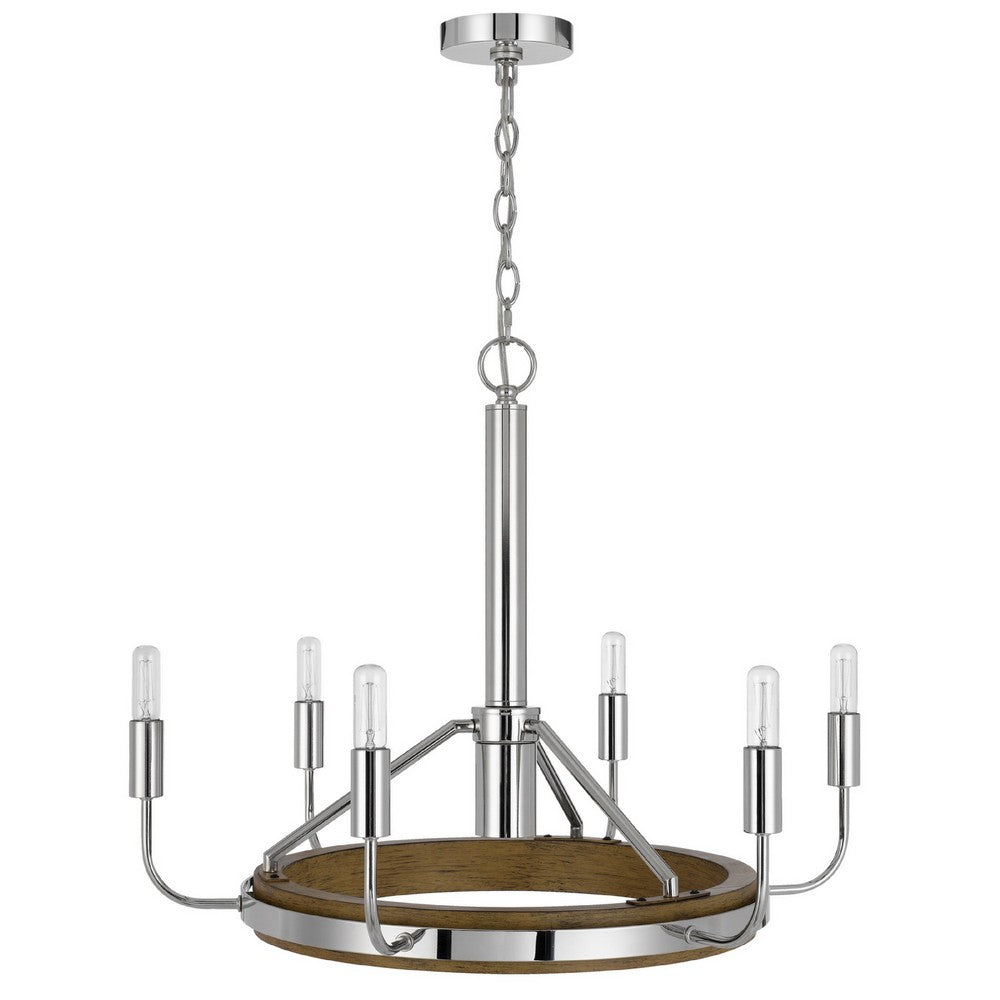 6-Light Candelabra Chandelier with LED, Chrome and Oak Wood, 26 Inch - BM351659