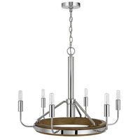 6-Light Candelabra Chandelier with LED, Chrome and Oak Wood, 26 Inch - BM351659