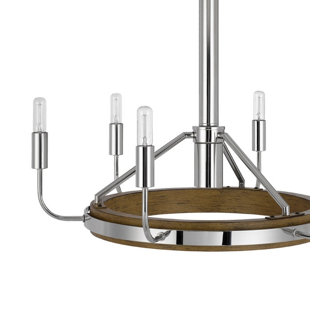 6-Light Candelabra Chandelier with LED, Chrome and Oak Wood, 26 Inch - BM351659