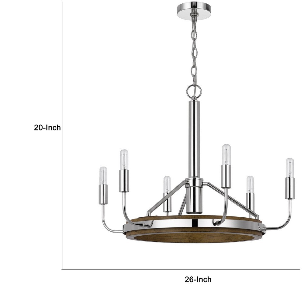 6-Light Candelabra Chandelier with LED, Chrome and Oak Wood, 26 Inch - BM351659